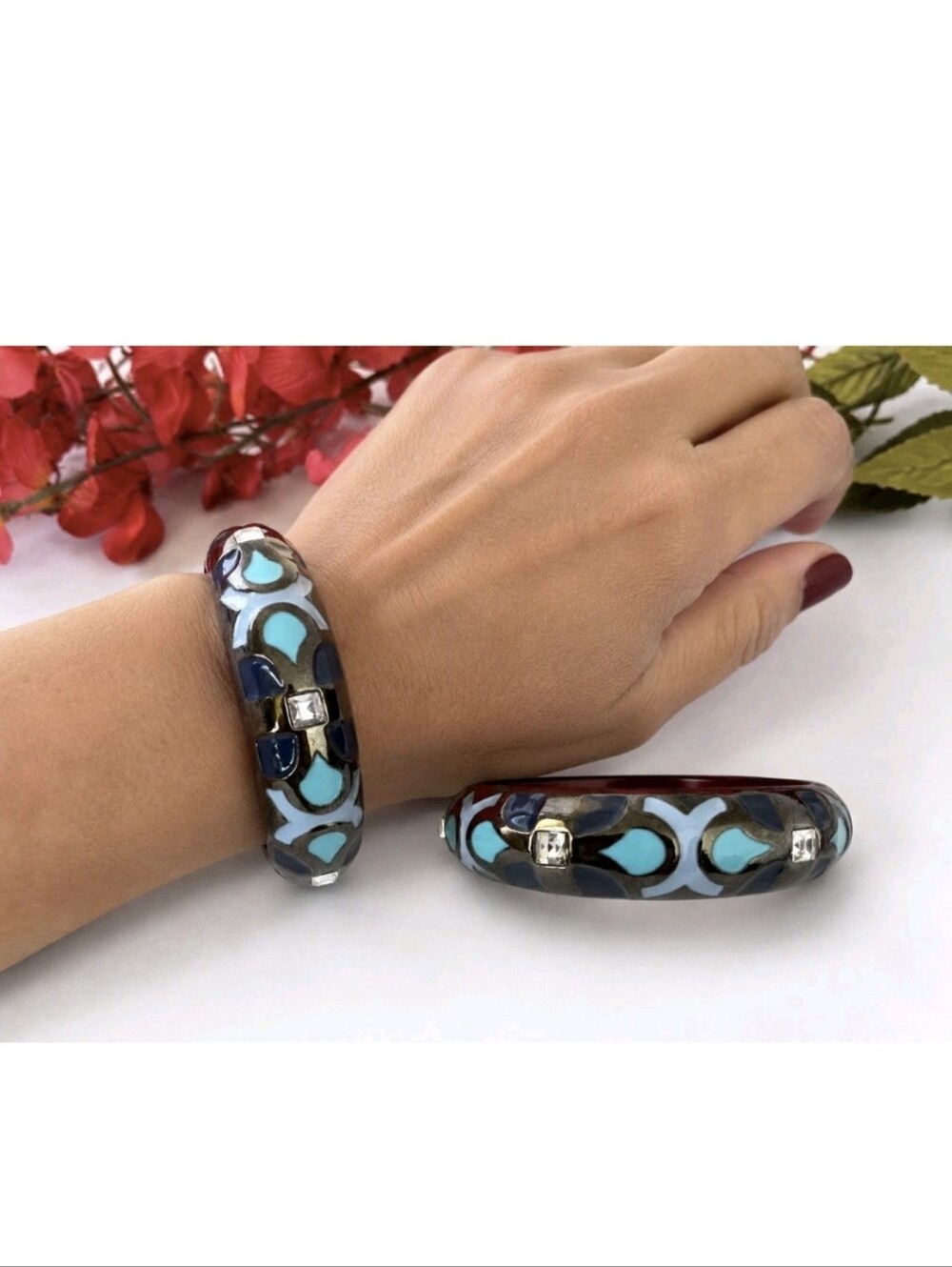 Enamel Blue Turquoise Gunmetal Hinge Bracelet